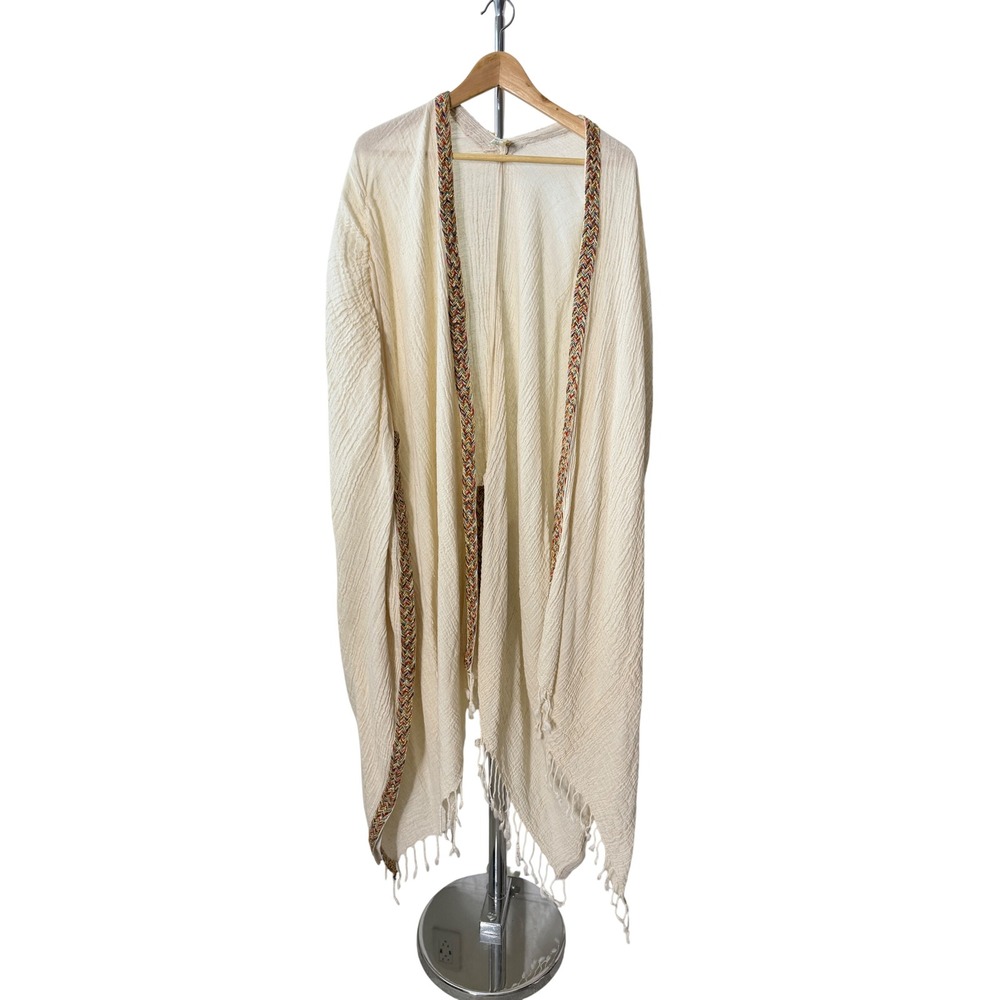 Bask Cream Gauze Kaftan Kimono Wrap Braided Trim Fringe Hem One Size Boho